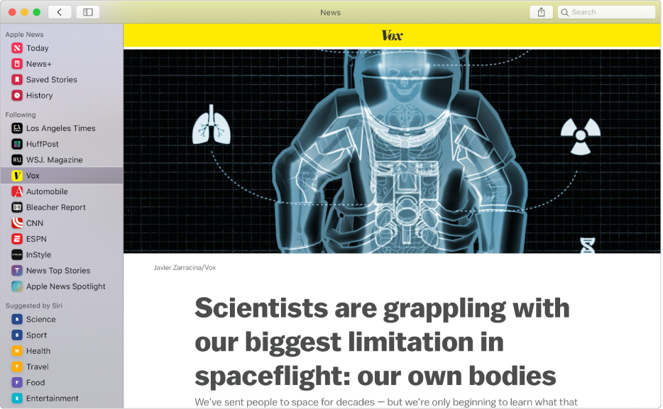 The sidebar in the Apple News window showing followed channels and topics, with a followed channel selected in the sidebar and a story from the channel on the right.