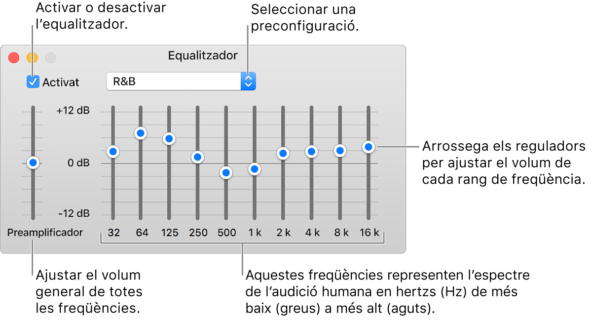 La finestra Equalitzador: La casella per activar l’equalitzador de l’iTunes està a la cantonada superior esquerra. Al seu costat hi ha el menú desplegable amb les preconfiguracions de l’equalitzador. A l’extrem esquerre, ajusta el volum general de les freqüències amb el preamplificador. A sota de les preconfiguracions de l’equalitzador, ajusta el volum dels diferents intervals de freqüència que representen l’espectre audible humà de més greu a més agut.