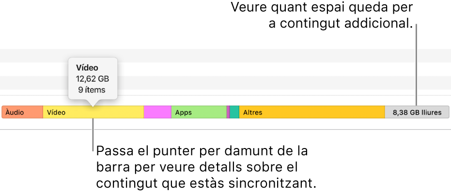 Mou el punter per damunt de la barra situada a la part inferior de la finestra per veure detalls sobre el contingut que estàs sincronitzant i per visualitzar quant espai queda per afegir més contingut.