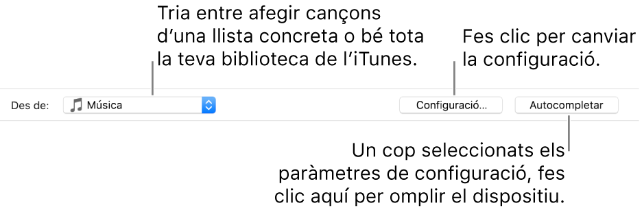 Les opcions d’autocompletar a la part inferior del tauler Música. Menú desplegable “Des de” a l’extrem esquerre, on es pot triar afegir cançons des d’una llista de reproducció o des de tota la biblioteca. A l’extrem dret hi ha dos botons: Configuració, per canviar diverses opcions d’Autocompletar, i Autocompletar. Quan facis clic a Autocompletar, el dispositiu s’omplirà automàticament amb les cançons que compleixin els requisits.