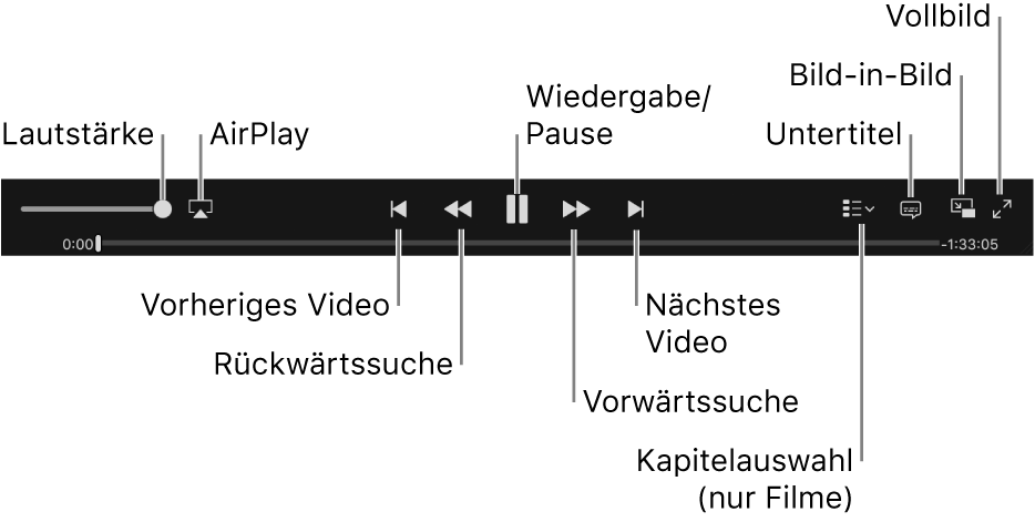 Videosteuerelemente: Lautstärke, AirPlay, Vorheriges Video, Rückwärtssuche, Wiedergabe/Pause, Vorwärtssuche, Nächstes Video, Kapitelauswahl (nur für Filme), Untertitel, Bild-in-Bild und Vollbild