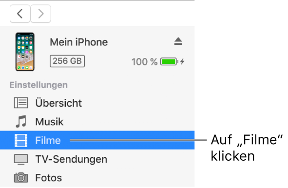 Das Fenster „Gerät“ mit links in der Seitenleiste ausgewählter Option „Filme“