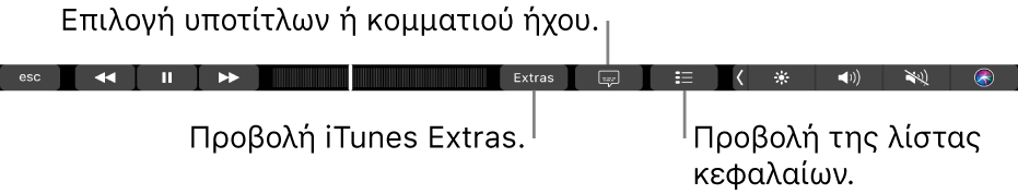 Τα χειριστήρια Touch Bar για ταινίες, με κουμπιά για το iTunes Extras, υπότιτλους και τη λίστα κεφαλαίων.
