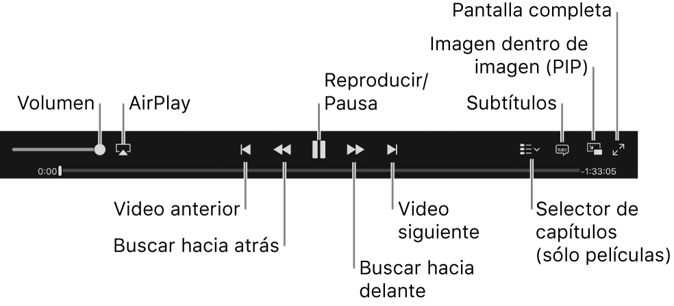 Controles de video: volumen, AirPlay, video anterior, explorar hacia atrás, reproducción/pausa, explorar hacia adelante, video siguiente, selector de capítulos (sólo para películas), subtítulos, imagen dentro de imagen y pantalla completa.