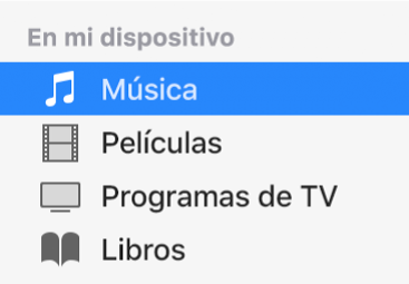 La sección "En mi dispositivo" de la barra lateral mostrando la opción Música seleccionada.