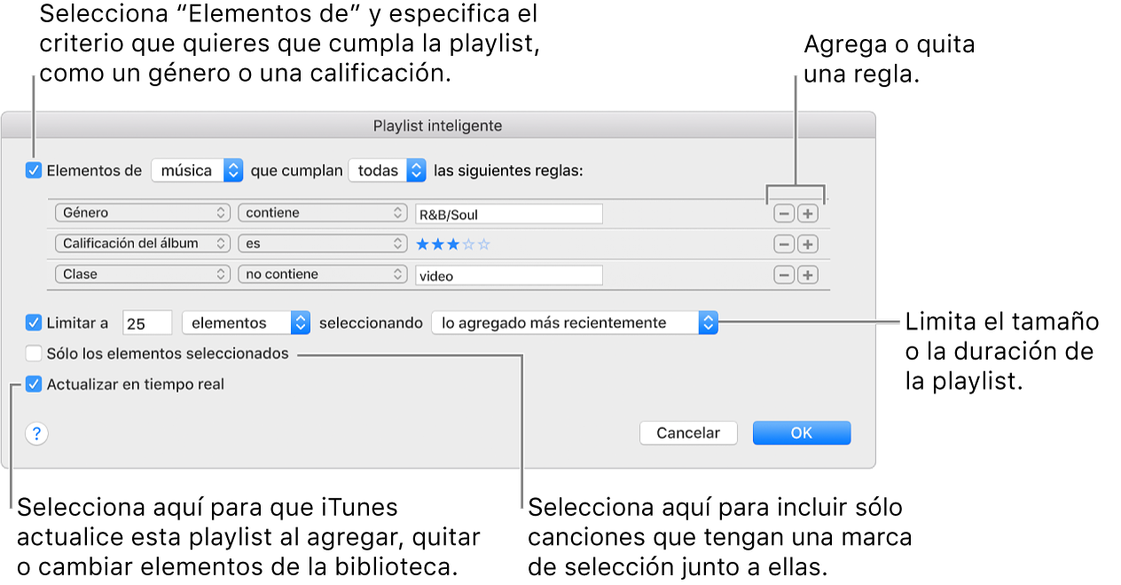 La ventana playlists inteligentes: en la esquina superior izquierda, selecciona Cumplir y especifica los criterios de la playlist (por ejemplo, un género o calificación). Continúa agregando o eliminando reglas haciendo clic en los botones Agregar o Eliminar en la esquina superior derecha. Selecciona varias opciones en el área inferior de la ventana, por ejemplo, puedes limitar el tamaño o la duración de la playlist, incluir sólo las canciones seleccionadas o hacer que iTunes actualice la playlist como elementos en tu cambio de biblioteca.