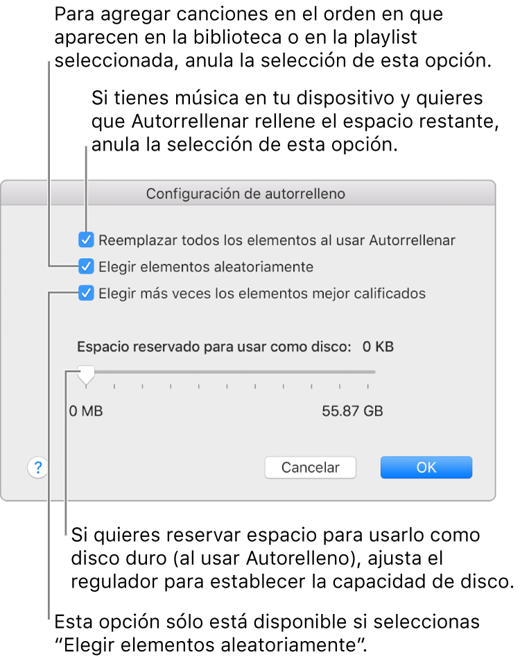 El cuadro de diálogo "Configuración de autorrelleno" mostrando cuatro opciones de arriba a abajo. Si tienes música en tu dispositivo y quieres autorrellenar el espacio restante, anula la selección de "Reemplazar todos los elementos al usar Autorrelleno". Para agregar canciones en el orden en el que aparecen en tu biblioteca o en la playlist seleccionada, anula la selección de "Elegir elementos aleatoriamente". La siguiente opción, "Elegir más veces los elementos mejor calificados" está disponible sólo cuando seleccionas "Elegir elementos aleatoriamente". Si quieres reservar espacio para usar como disco duro, ajusta el regulador para establecer la capacidad del disco.