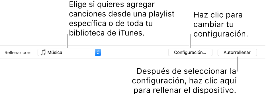 Las opciones de autorrelleno en el área inferior del panel Música. En el extremo izquierdo se encuentra el menú desplegable Autorrellenar, donde puedes optar por agregar canciones de una playlist o de toda tu biblioteca. En el extremo derecho se encuentran dos botones: Configuración, que permite cambiar las opciones de autorrelleno, y el botón Autorrelleno. Cuando haces clic en Autorrelleno, tu dispositivo se rellena con las canciones que cumplen con el criterio.