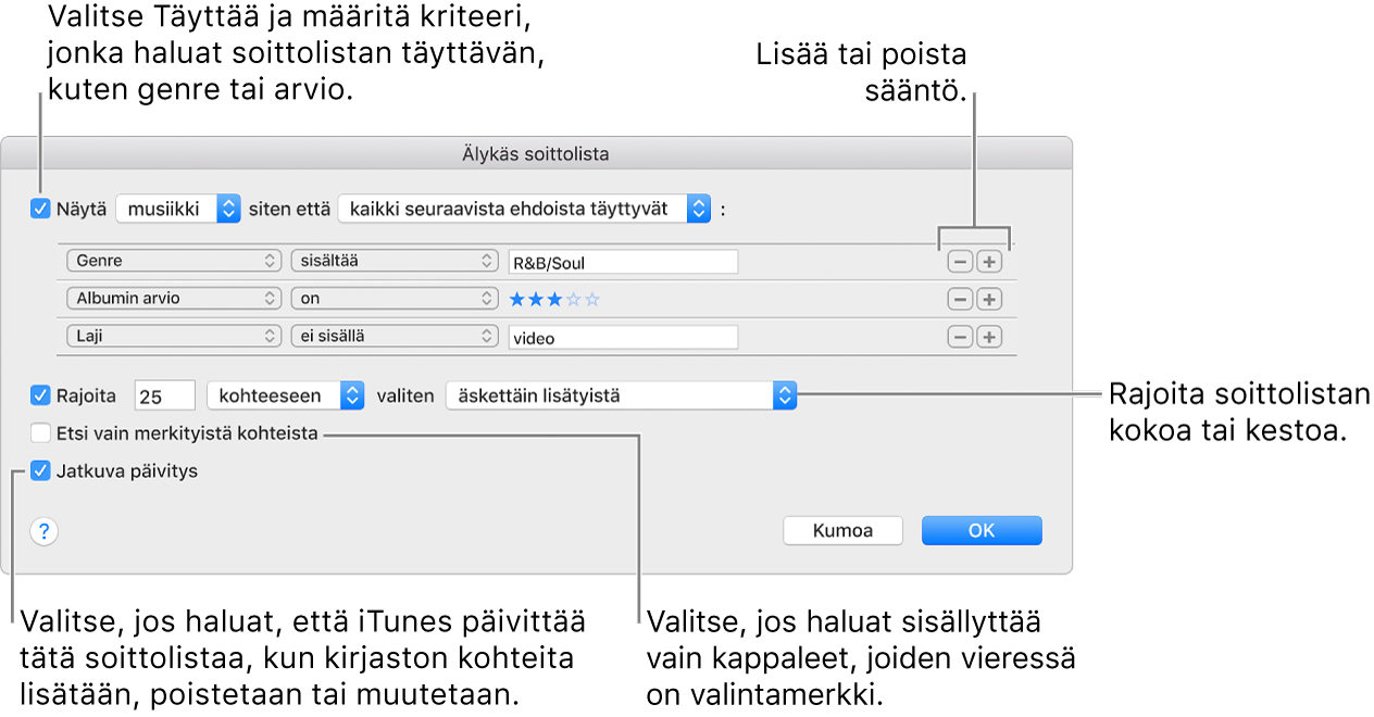 Älykäs soittolista -ikkuna: Valitse vasemmassa yläkulmassa Näytä ja valitse soittolistan kriteerit (kuten genre tai arvio). Jatka sääntöjen lisäämistä tai poistamista klikkaamalla oikean yläkulman lisäys- tai poistopainikkeita. Aseta erilaisia asetuksia ikkunan alaosassa – voit esimerkiksi rajoittaa soittolistan kokoa tai kestoa, ottaa listalle vain kappaleita, hyväksyä listalle vain merkittyjä kappaleita tai laittaa iTunesin päivittämään soittolistaa kirjaston kohteiden muuttuessa.