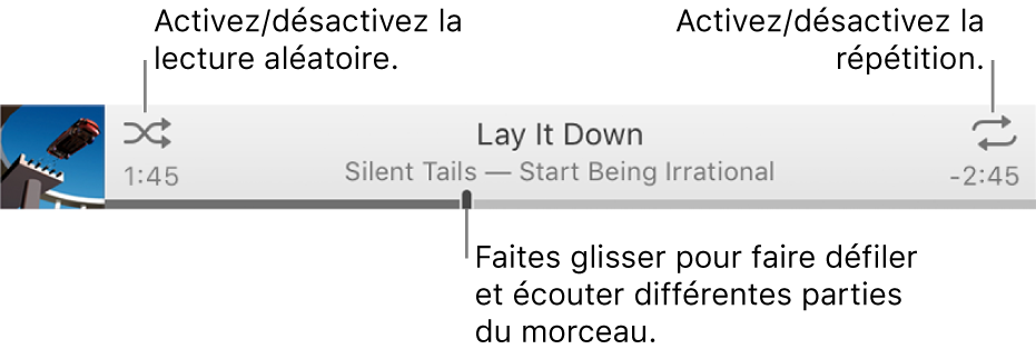 La bannière avec un morceau en cours de lecture. Le bouton Ordre aléatoire se trouve dans le coin supérieur gauche, le bouton Répétition dans le coin supérieur droit. Faites glisser le curseur dans la barre de progression pour accéder à une autre partie du morceau.