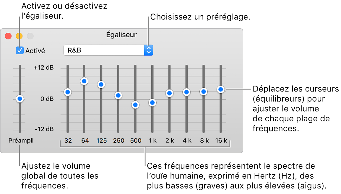 La fenêtre Égaliseur : La case pour activer l’égaliseur iTunes se trouve dans le coin supérieur gauche. Le menu local avec les préréglages de l’égaliseur est situé à côté. À l’extrémité gauche, réglez le volume global des fréquences avec le préampli. Sous les préréglages de l’égaliseur, réglez le niveau sonore des différentes plages de fréquences qui représentent le spectre auditif humain, des plus basses aux plus élevées.