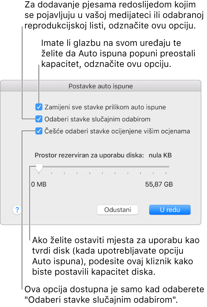 Dijaloški okvir Postavke auto ispune prikazuje četiri opcije, od vrha do dna. Ako imate glazbu na svom uređaju i želite da Auto ispuna ispuni preostali prostor, odznačite opciju “Zamijeni sve stavke prilikom auto ispune". Za dodavanje pjesama u redoslijedu u kojem se pojavljuju u vašoj medijateci ili na odabranoj reprodukcijskoj listi odznačite opciju “Odaberi stavke nasumično". Sljedeća opcija “Odaberi stavke s većim ocjenama češće" dostupna je samo kada označite opciju “Odaberi stavke nasumično." Ako želite ostaviti prostora koji ćete koristiti kao tvrdi disk, podesite kliznik kako biste podesili kapacitet diska.