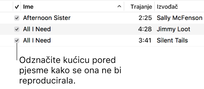 Detalj prikaza Pjesme u kategoriji glazba, s prikazanim potvrdnim kućicama s lijeve strane. Odznačite kućicu pored pjesme za sprečavanje reprodukcije.
