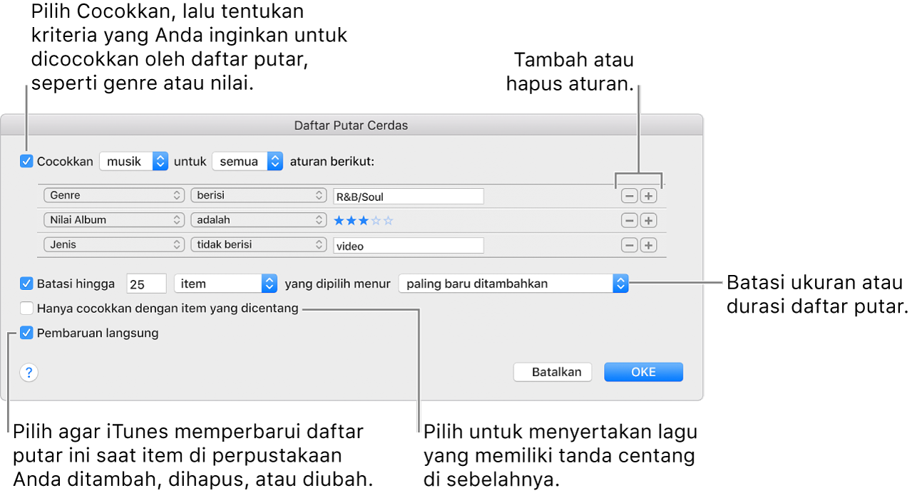 Jendela Daftar Putar Cerdas: Di pojok kiri atas, pilih Match, lalu tentukan kriteria daftar putar (seperti genre atau nilai). Lanjutkan untuk menambah atau menghapus aturan dengan mengeklik tombol Tambah atau Hapus di pojok kanan atas. Pilih beragam opsi di bagian bawah jendela—seperti membatasi ukuran atau durasi daftar putar, termasuk hanya lagu yang dicentang atau membuat iTunes memperbarui daftar putar menjadi item di perubahan perpustakaan Anda.