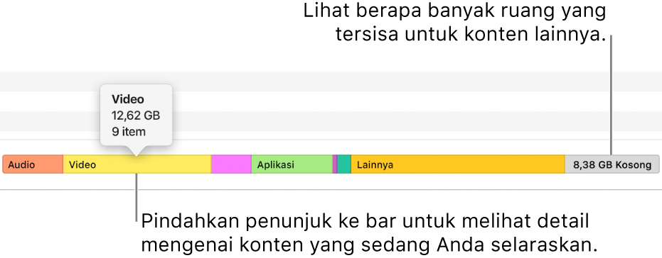 Pindahkan penunjuk ke atas bar di bagian bawah jendela untuk melihat detail mengenai konten yang sedang Anda selaraskan dan melihat ruang yang tersisa untuk konten lainnya.