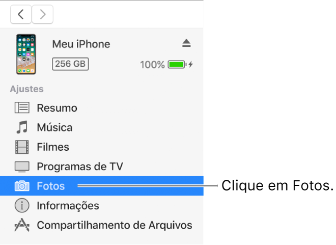 Janela Dispositivo, com Fotos selecionado na barra lateral à esquerda.