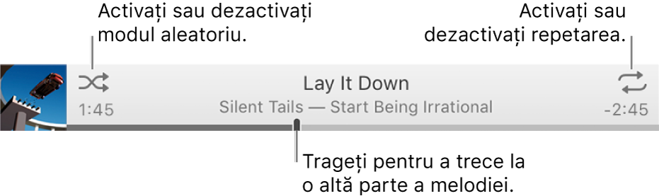 Bannerul cu o melodie în curs de redare. Butonul Mod aleatoriu este în colțul din stânga sus; butonul Repetare este în colțul din dreapta sus. Trageți cursorul de redare pentru a trece la o altă parte a melodiei.