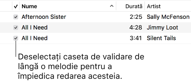 Detaliu al vizualizării Melodii din muzică, prezentând casetele de validare în stânga. Deselectați caseta de validare de lângă o melodie pentru a împiedica redarea acesteia.