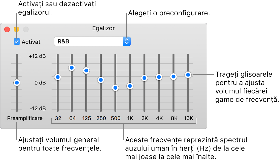 Fereastra Egalizor: Caseta de validare pentru activarea egalizorului iTunes se află în colțul din stânga sus. Lângă aceasta, se află meniul pop-up cu preconfigurările pentru egalizor. În partea stângă extremă, ajustați volumul general al frecvențelor cu preamplificatorul. Sub preconfigurările pentru egalizor, ajustați nivelul sunetului diferitelor intervale de frecvență care reprezintă spectrul auzului uman de la cel mai jos până la cel mai ridicat.