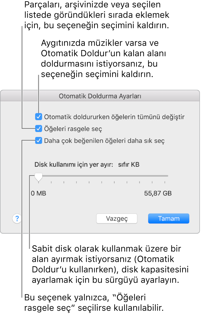 Yukarıdan aşağıya dört seçenek gösteren Otomatik Doldur Ayarları sorgu kutusu. Aygıtınızda müzikler varsa ve Otomatik Doldur’un kalan alanı doldurmasını istiyorsanız “Otomatik doldururken öğelerin tümünü değiştir”in seçimini kaldırın. Parçaları, arşivinizde veya seçilen listede göründükleri sırada eklemek için “Öğeleri rasgele seç”in seçimini kaldırın. Bir sonraki seçenek olan “Daha çok beğenilen öğeleri daha sık seç”, yalnızca “Öğeleri rasgele seç” seçeneğini seçtiğinizde kullanılabilir. Sabit disk olarak kullanılacak bir alan ayırmak istiyorsanız sürgüyü kullanarak disk kapasitesini ayarlayın.