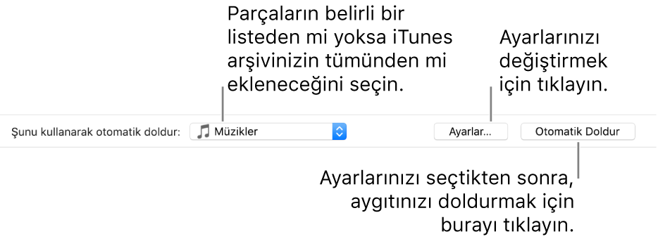 Müzik bölmesinin alt kısmındaki Otomatik Doldurma seçenekleri. En solda, parçaları listeden veya tüm arşivinizden ekleme seçeneklerini bulabileceğiniz Şunu Kullanarak Otomatik Doldur açılır menüsü bulunur. En sağda, çeşitli Otomatik Doldur seçeneklerini değiştirebileceğiniz Ayarlar ile Otomatik Doldur adlı iki düğme var. Otomatik Doldur’u tıkladığınızda, aygıtınız ölçüte uyan parçalarla doldurulur.