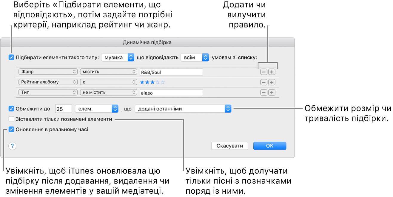 Вікно динамічної підбірки: У верхньому лівому кутку виберіть «Підібрати», а тоді вкажіть критерії підбірки (наприклад жанр або рейтинг). Додавати та вилучати правила можна за допомогою кнопок «Додати» та «Видалити» у верхньому правому кутку. Настройте різноманітні параметри у нижній частині вікна, зокрема обмеження розміру або тривалості підбірки, додавання лише позначених пісень або оновлення підбірки відповідно до зміни елементів у медіатеці.
