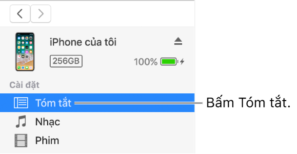 Cửa sổ Thiết bị, với Tóm tắt được chọn trong thanh bên phía bên trái.