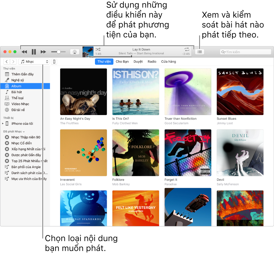 Cửa sổ chính của Thư viện iTunes: Trong trình điều khiển, chọn loại phương tiện sẽ phát (chẳng hạn như Nhạc). Sử dụng các điều khiển trong biểu ngữ ở trên cùng để phát phương tiện của bạn và sử dụng menu bật lên Tiếp theo ở bên phải để xem thư viện theo những cách khác nhau.