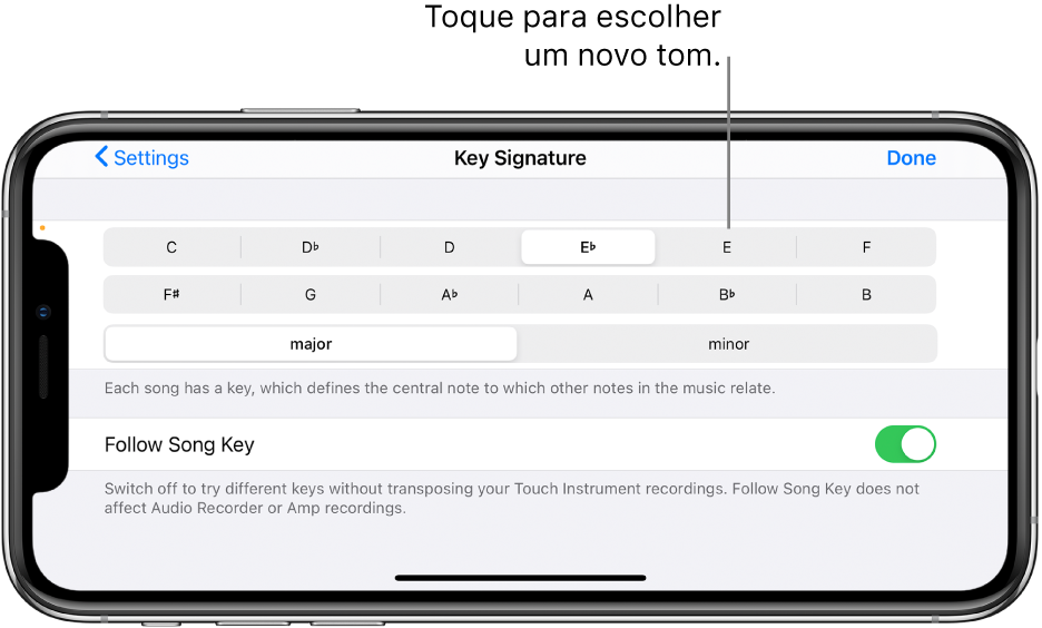 Controles de Tom nos ajustes da Música