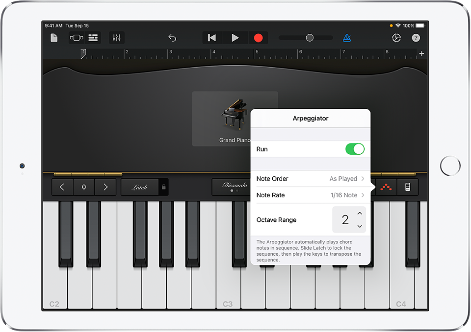 Arpeggiator-Steuerelemente des Keyboards