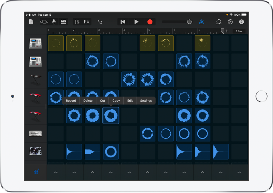 Illustration. Grille Live Loops avec la modification de cellules activée.