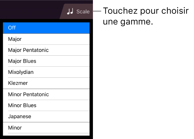 Bouton Gamme de cordes et liste de gammes
