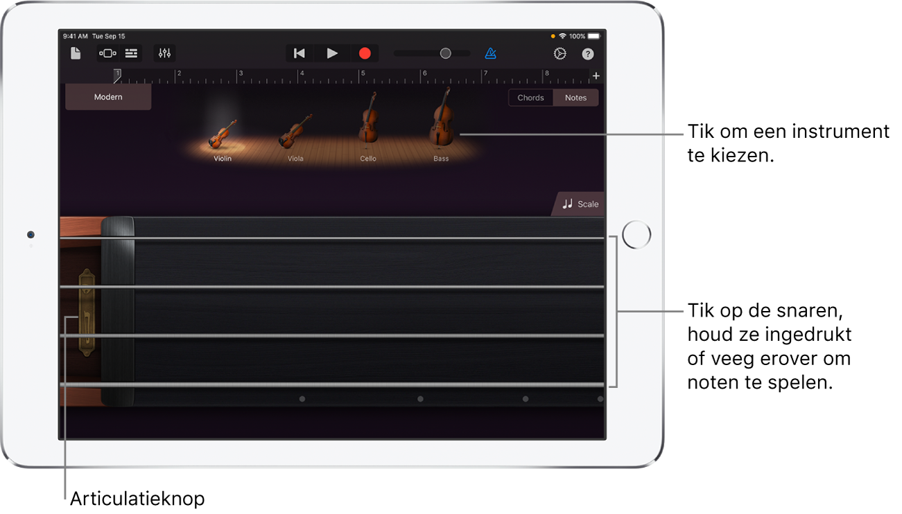 Notenweergave op het Touch-instrument Snaarinstrumenten