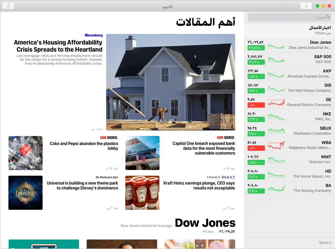لوحة معلومات الأسهم تعرض أسعار السوق في قائمة مراقبة مع أهم المقالات المصاحبة.