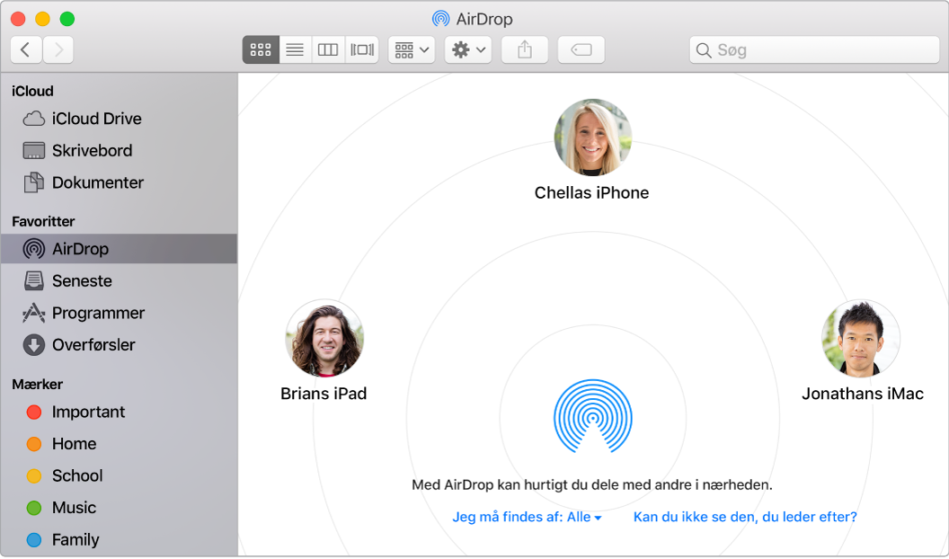 Et Findervindue, hvor AirDrop er valgt under Favoritter i indholdsoversigten.