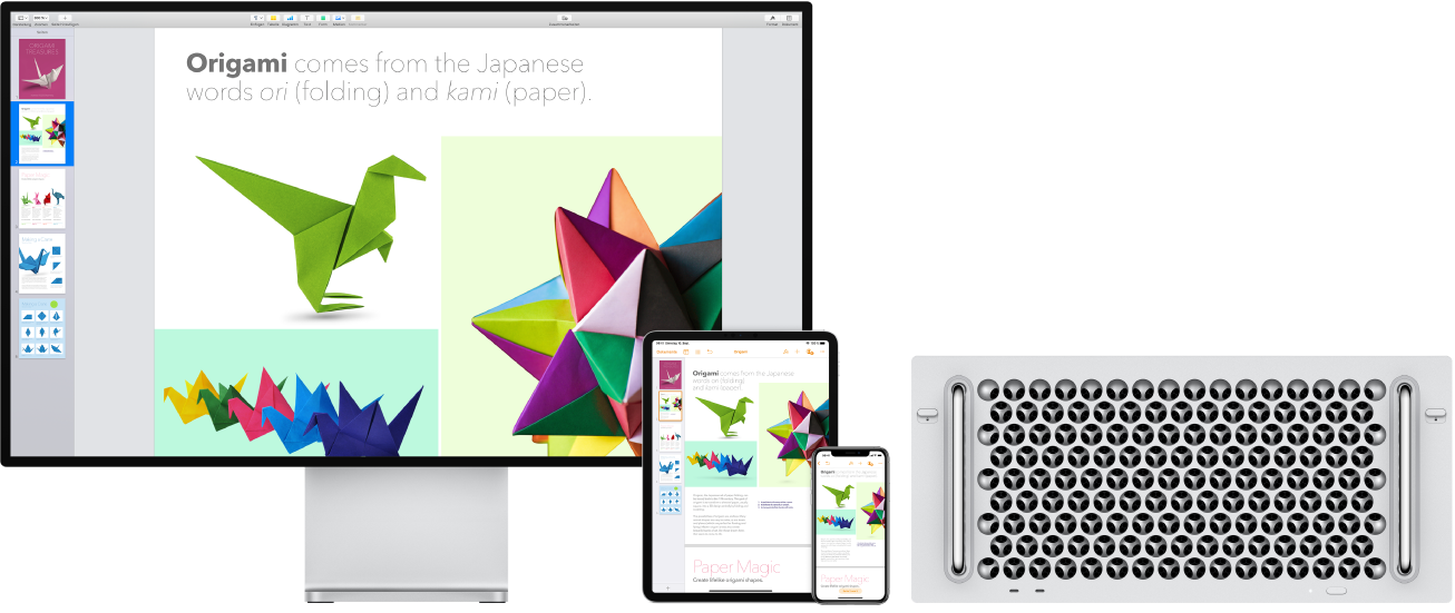 Auf einem iPad, iPhone und Mac Pro wird der identische Inhalt angezeigt.