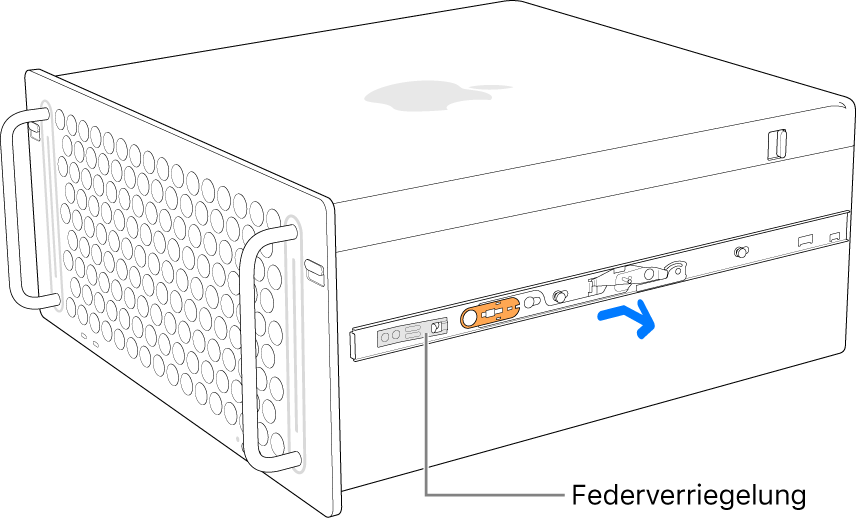 Eine Schiene wird von der Seite des Mac Pro gelöst.