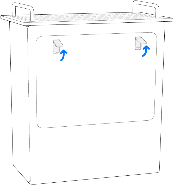 Der Mac Pro steht hochkant, die Verriegelungen an den seitlichen Abdeckung sind hervorgehoben.