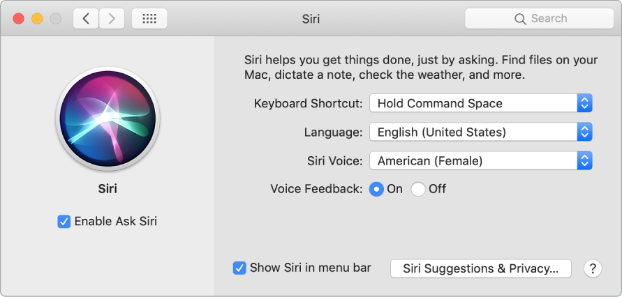 The Siri preferences window with Enable Ask Siri selected on the left and several options for customizing Siri on the right.