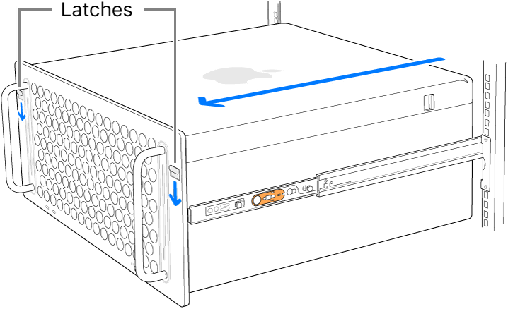 Mac Pro resting on rails attached to a rack.