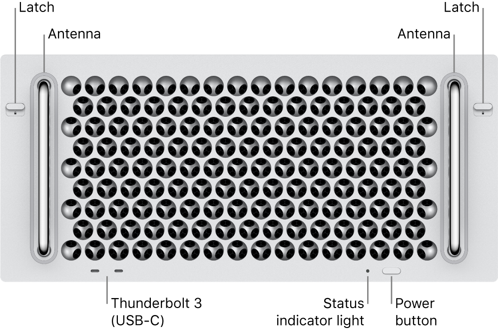 The front of Mac Pro showing two Thunderbolt 3 (USB-C) ports, a system indicator light, power, button, and antenna.