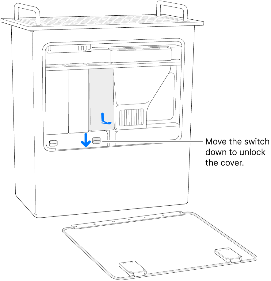 Mac Pro standing on its end, highlighting the switch that unlocks the DIMM cover.