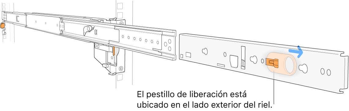 Un conjunto de rieles extendido resaltando el pestillo de liberación en el lado exterior del riel.