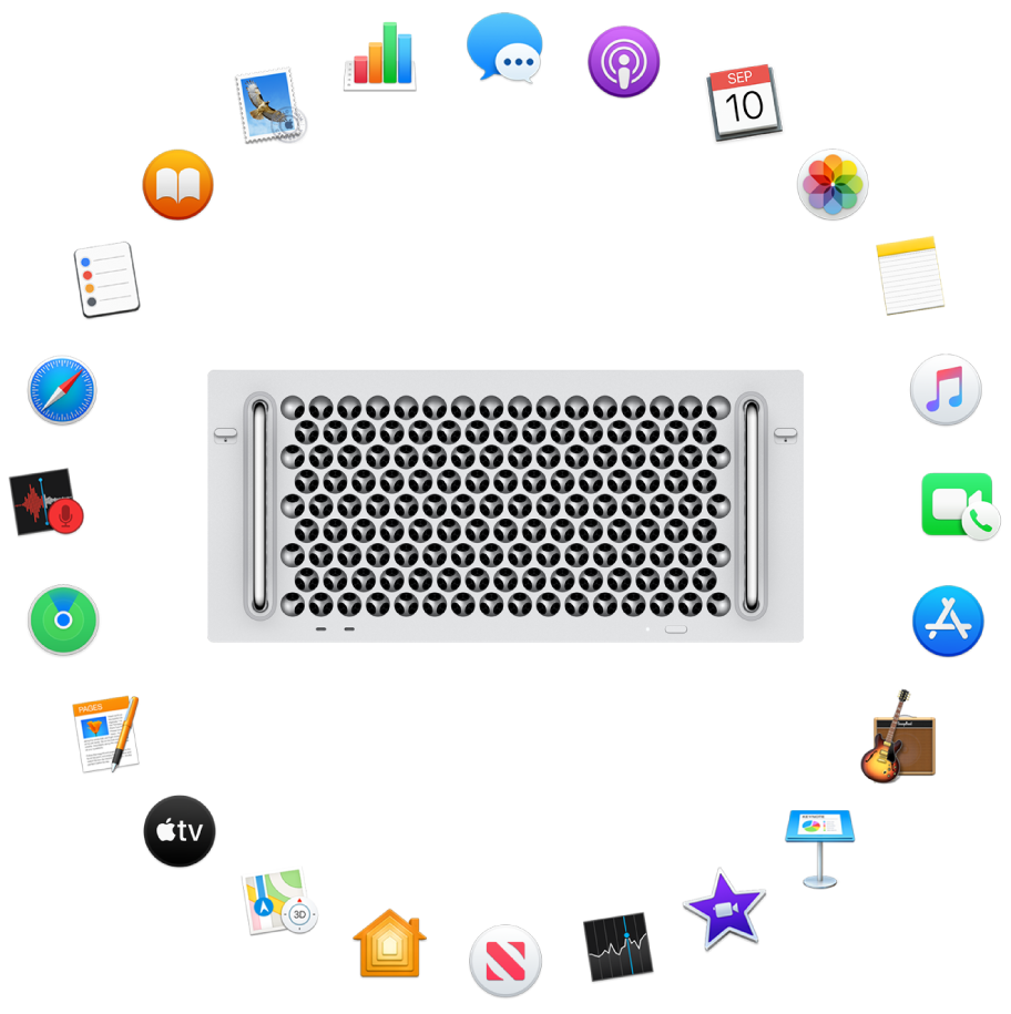 Una Mac Pro rodeada de íconos de las apps preinstaladas y que se describen en las siguientes secciones.