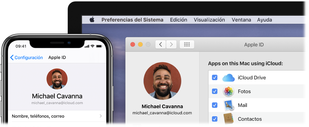 Un iPhone mostrando la configuración de iCloud y una Mac mostrando la ventana de iCloud.