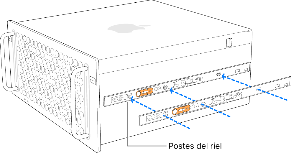 Se está ajustando el riel interior de la Mac Pro a un lado.