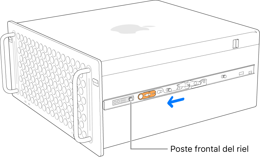 Una Mac Pro con un riel que se desliza hacia adelante y que se fija en su lugar.