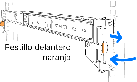 Conjunto de riel que muestra la ubicación del pestillo delantero.