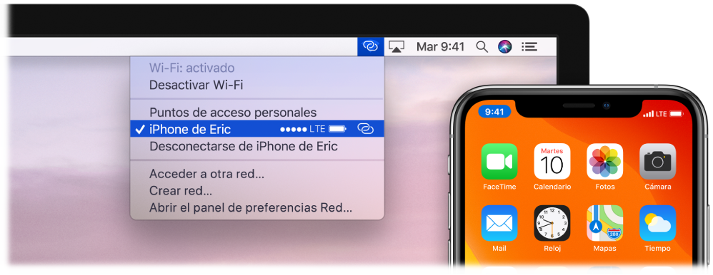 Pantalla de un Mac con el menú de la conexión Wi-Fi en el que se muestra la función “Compartir Internet” conectada a un iPhone.