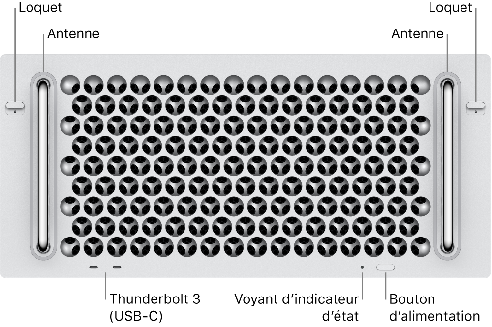 La face avant du Mac Pro avec deux ports Thunderbolt 3 (USB-C), un voyant système, l’alimentation, un bouton et une antenne.